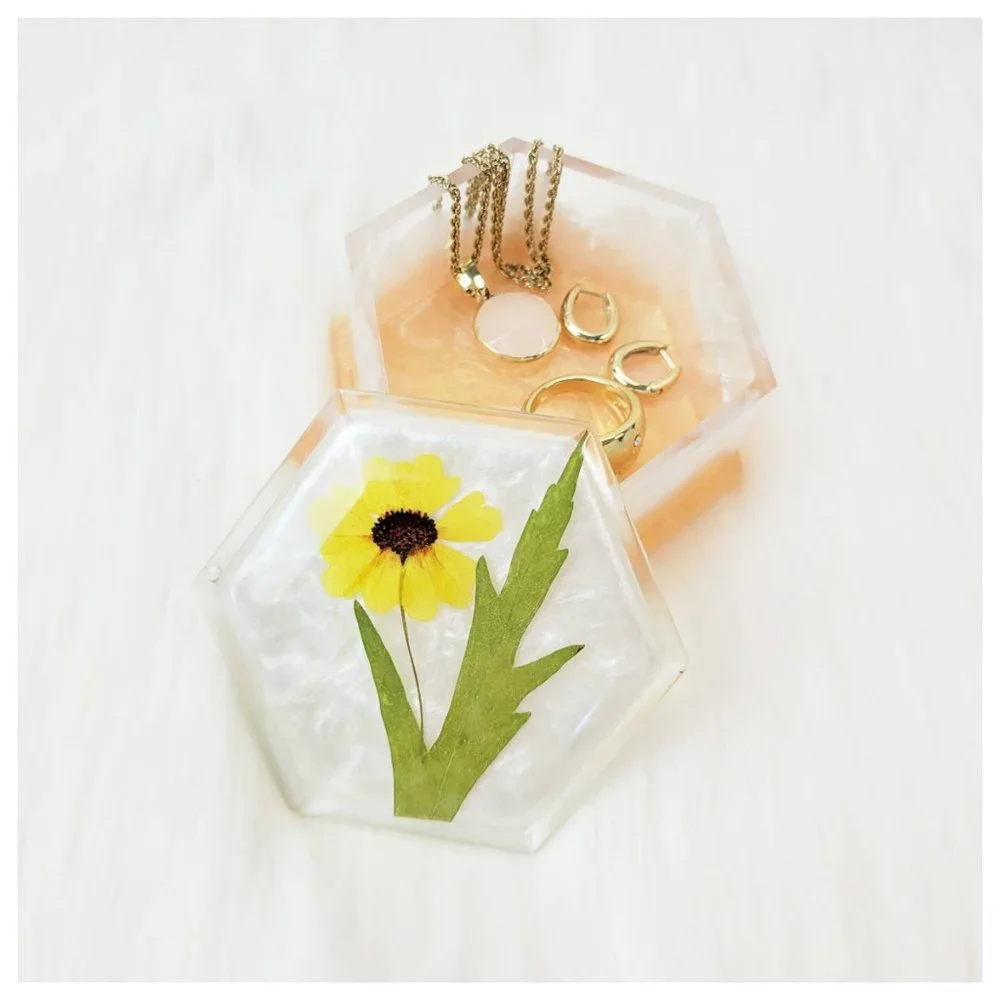 Floral Trinket Box Small Hexagon Jewelry Box Stash Box Yellow Orange White Clear